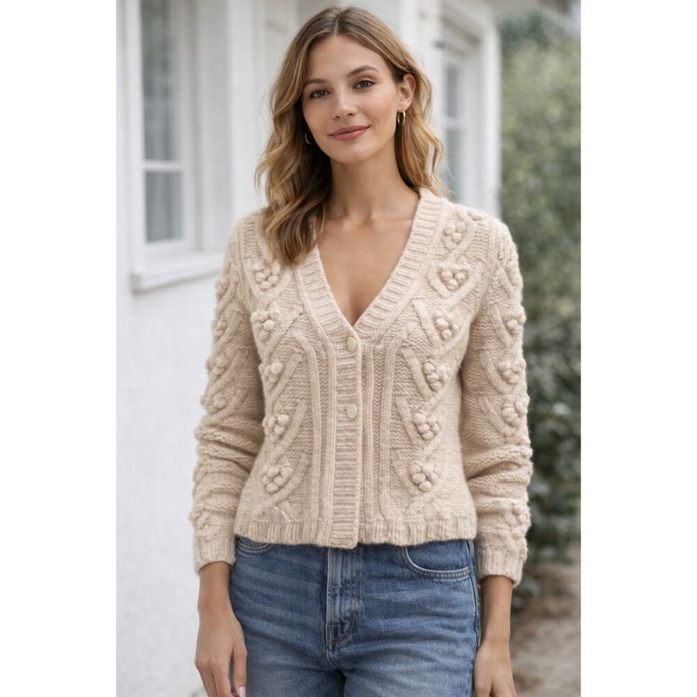 Garnet Hill Chunky Bobble Cable Knit Wool Cardigan Sweater XS Oatmeal